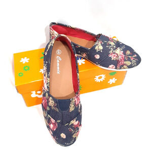 Cammie Canvas Slip On Casual Shoes Distressed Navy Blue Flowers Big Girls Size 5